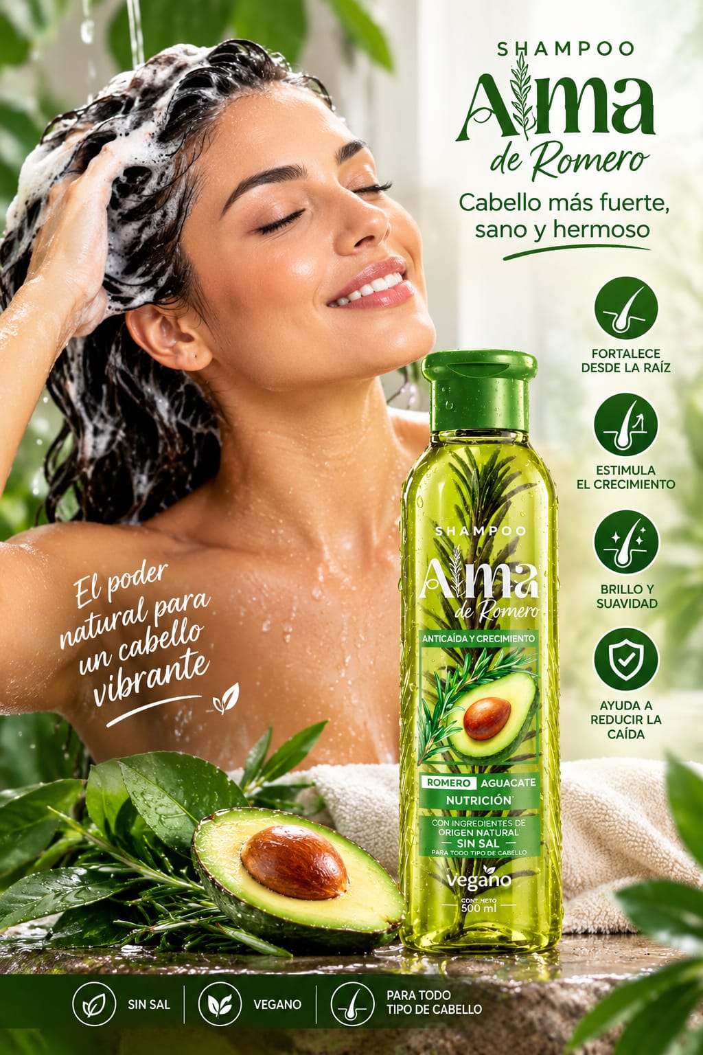 🌿 SHAMPOO ALMA DE ROMERO Nutrición y cuidado para un cabello que luce más fuerte, sano y hermoso