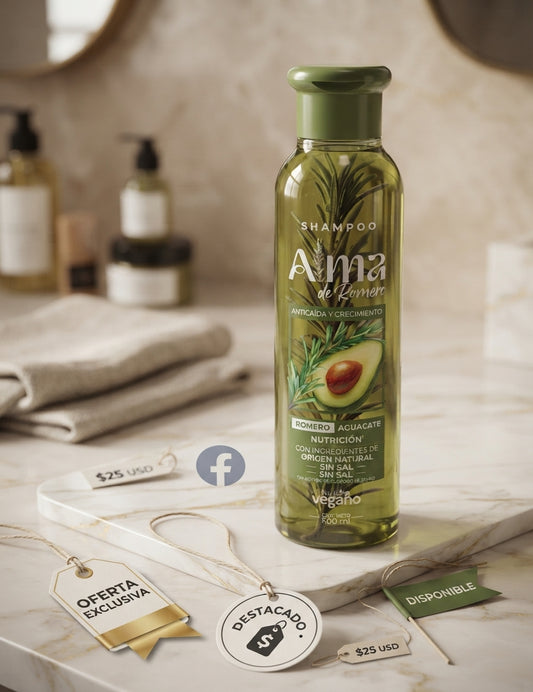 🌿 SHAMPOO ALMA DE ROMERO Nutrición y cuidado para un cabello que luce más fuerte, sano y hermoso