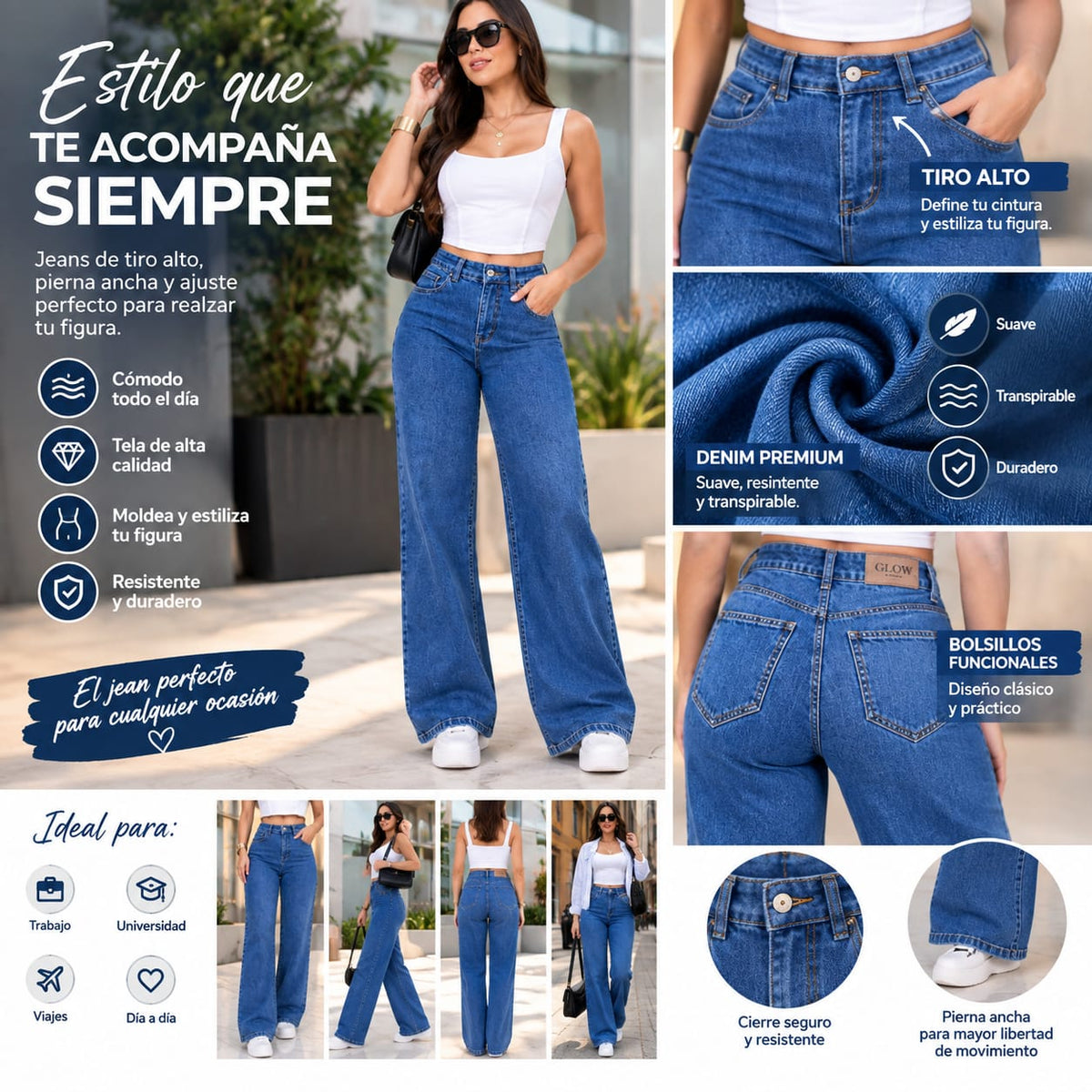 👖 Jeans de Tiro Alto y Pierna Ancha – Elegancia y Comodidad