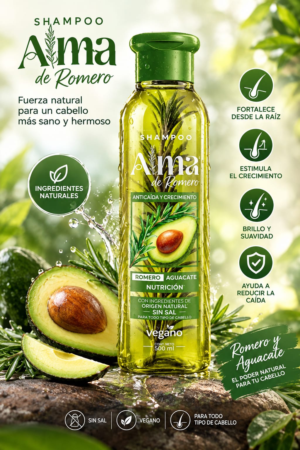 🌿 SHAMPOO ALMA DE ROMERO Nutrición y cuidado para un cabello que luce más fuerte, sano y hermoso